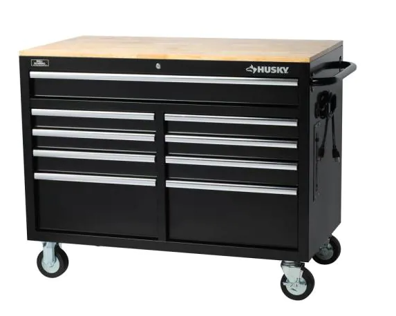 Husky 46 in. W 9-Drawer, Deep Tool Chest Mobile Workbench in Gloss Black with Hardwood Top
