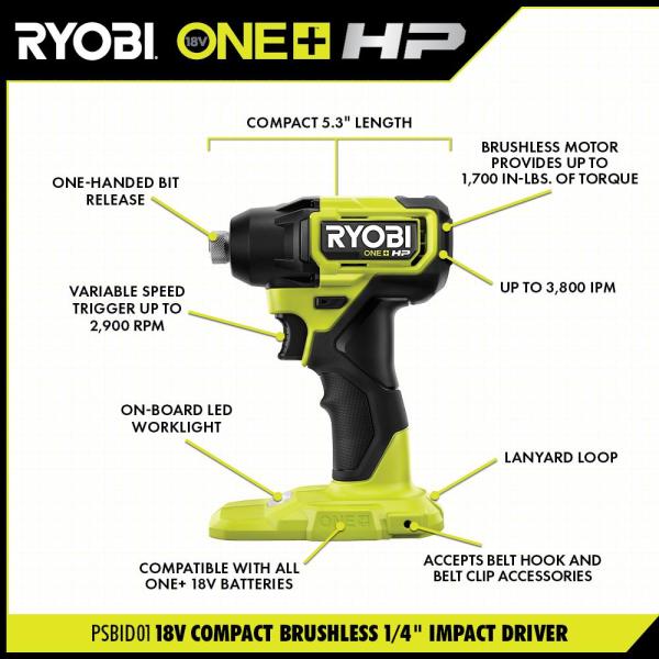RYOBI ONE+ HP 18V Brushless Cordless Compact 1/4 in. Impact Driver Kit (drill only)