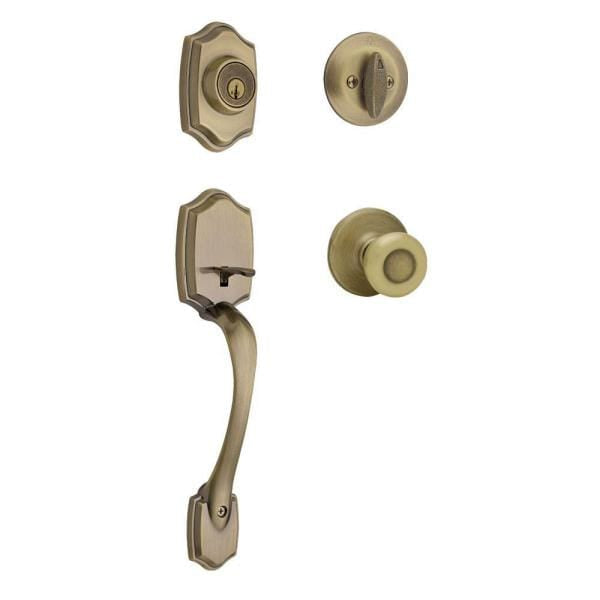 Kwikset Belleview Antique Brass Single Cylinder Door Handleset with Tylo Door Knob Featuring SmartKey Security